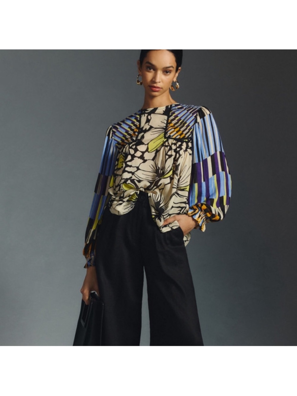 Bl-nk London Anthropologie Miranda Peasant Blouse 2X Black Geometric